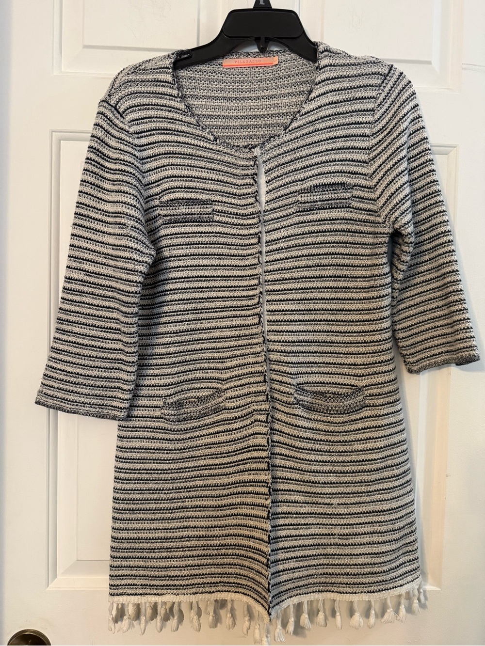 Vilagallo Blue White & Silver Striped Knit Tassle-Hem Cardigan Coat Large Spain